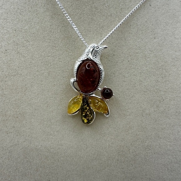 None Jewelry - Multi Color Amber and Silver Bird Pendant on Silver Chain